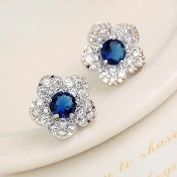 Sapphire Blue Pave Crystal Flower Sparkly Stud Earrings - Picture 1 of 4